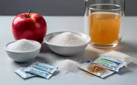 Verschiedene Zuckerarten und Süßstoffe in Schälchen, daneben ein Apfel und ein Glas Apfelsaft, auf hellem Hintergrund. - Foto: über boerse-global.de