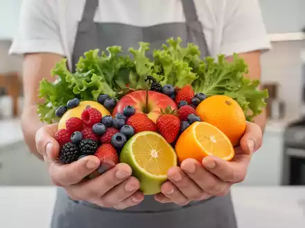 Hände halten eine Auswahl an frischen Früchten und Gemüse in einer modernen Küche, die eine zuckerfreie Ernährung symbolisieren. - Foto: über boerse-global.de