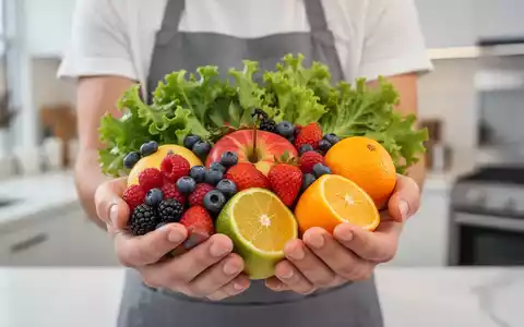 Hände halten eine Auswahl an frischen Früchten und Gemüse in einer modernen Küche, die eine zuckerfreie Ernährung symbolisieren. - Foto: über boerse-global.de