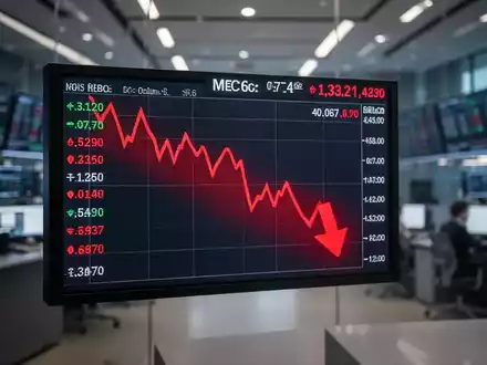 Ein Börsenticker zeigt einen starken Kursrückgang mit einem roten Pfeil nach unten, im Hintergrund ein unscharfer Handelsraum. - Foto: über boerse-global.de