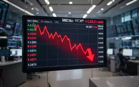 Ein Börsenticker zeigt einen starken Kursrückgang mit einem roten Pfeil nach unten, im Hintergrund ein unscharfer Handelsraum. - Foto: über boerse-global.de