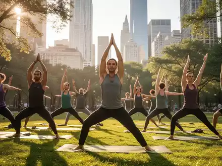 Eine Gruppe von Menschen praktiziert Yoga im Freien in einem Park mit Hochhäusern im Hintergrund. - Foto: über boerse-global.de