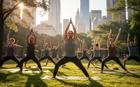 Eine Gruppe von Menschen praktiziert Yoga im Freien in einem Park mit Hochhäusern im Hintergrund. - Foto: über boerse-global.de