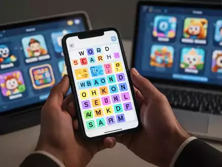 Close-up of hands holding a smartphone displaying a word search puzzle, with other digital games in the background. - Foto: über boerse-global.de