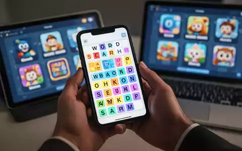Close-up of hands holding a smartphone displaying a word search puzzle, with other digital games in the background. - Foto: über boerse-global.de