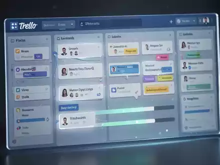 A glowing digital Trello board displaying various task cards, labels, and progress bars, symbolizing modern task management and efficiency. - Foto: über boerse-global.de