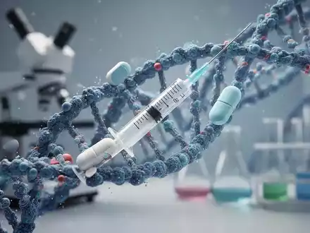 Abstrakte Darstellung von DNA-Strängen, die sich mit medizinischen Symbolen wie einer Spritze oder Pille verbinden, vor einem verschwommenen Hintergrund wissenschaftlicher Geräte. - Foto: über boerse-global.de