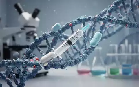 Abstrakte Darstellung von DNA-Strängen, die sich mit medizinischen Symbolen wie einer Spritze oder Pille verbinden, vor einem verschwommenen Hintergrund wissenschaftlicher Geräte. - Foto: über boerse-global.de