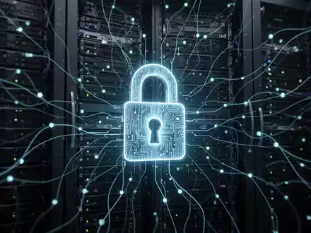 A glowing digital lock icon hovers over abstract server racks, symbolizing cybersecurity and end-of-support for software. - Foto: über boerse-global.de