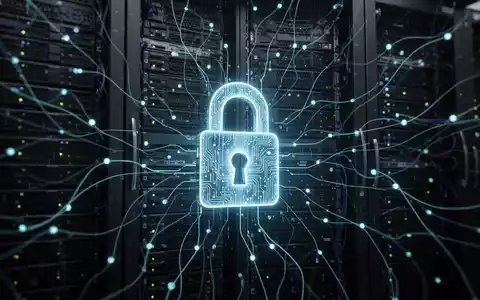 A glowing digital lock icon hovers over abstract server racks, symbolizing cybersecurity and end-of-support for software. - Foto: über boerse-global.de