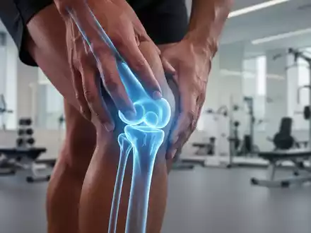 Ein Kniegelenk mit einer dezenten blauen Überlagerung, die Knochen und Bänder hervorhebt, vor einem verschwommenen Hintergrund einer Sportklinik. - Foto: über boerse-global.de