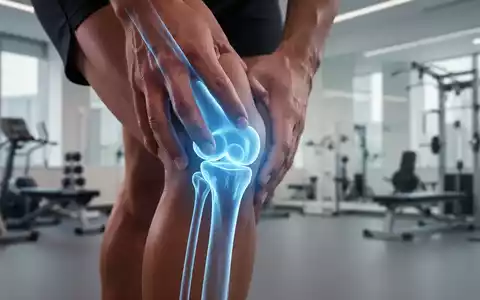 Ein Kniegelenk mit einer dezenten blauen Überlagerung, die Knochen und Bänder hervorhebt, vor einem verschwommenen Hintergrund einer Sportklinik. - Foto: über boerse-global.de