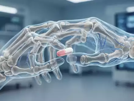 Eine Nahaufnahme einer durchscheinenden Skeletthand, die eine medizinische Pille berührt, symbolisiert den Knochenschutz bei rheumatoider Arthritis. - Foto: über boerse-global.de