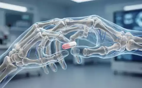 Eine Nahaufnahme einer durchscheinenden Skeletthand, die eine medizinische Pille berührt, symbolisiert den Knochenschutz bei rheumatoider Arthritis. - Foto: über boerse-global.de