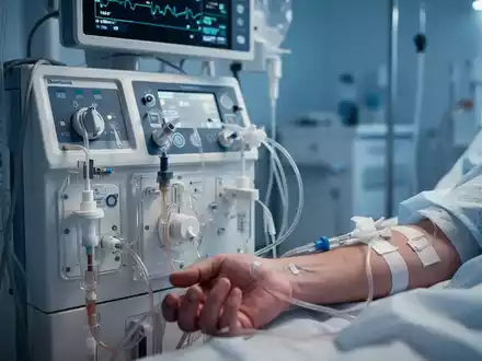 Nahaufnahme einer Dialysemaschine mit Schläuchen und dem Arm eines Patienten, die medizinische Präzision und wissenschaftliche Forschung darstellt. - Foto: über boerse-global.de