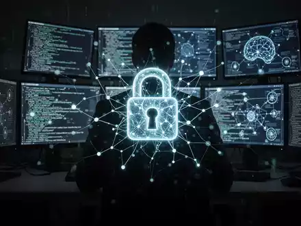 A shadowy figure in a dark room illuminated by computer screens displaying code, with a glowing padlock over a neural network graphic. - Foto: über boerse-global.de