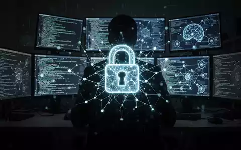 A shadowy figure in a dark room illuminated by computer screens displaying code, with a glowing padlock over a neural network graphic. - Foto: über boerse-global.de