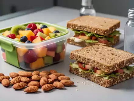 Eine Auswahl gesunder Snacks zum Mitnehmen, darunter Obstsalat, Nüsse und ein Vollkornbrot, auf einer sauberen Oberfläche. - Foto: über boerse-global.de