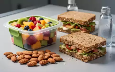 Eine Auswahl gesunder Snacks zum Mitnehmen, darunter Obstsalat, Nüsse und ein Vollkornbrot, auf einer sauberen Oberfläche. - Foto: über boerse-global.de