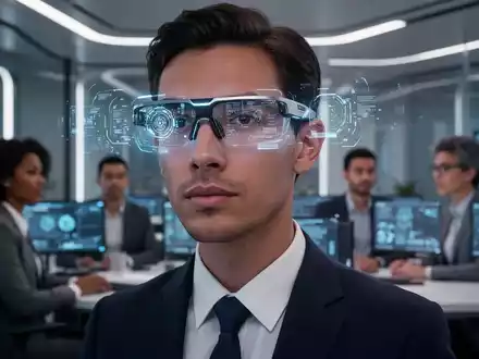 Close-up of futuristic smart glasses with subtle glowing AI elements, worn by a person in a modern tech office. - Foto: über boerse-global.de