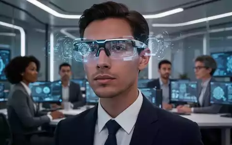 Close-up of futuristic smart glasses with subtle glowing AI elements, worn by a person in a modern tech office. - Foto: über boerse-global.de