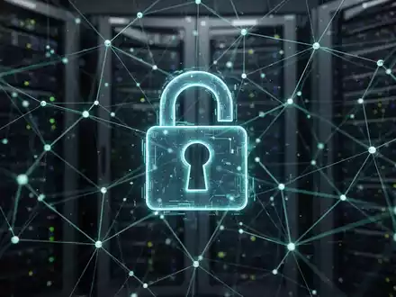 Ein abstraktes Bild eines digitalen Vorhängeschlosses, das über einem Netzwerk aus leuchtenden Linien und Knoten liegt und Cybersicherheit symbolisiert. - Foto: über boerse-global.de