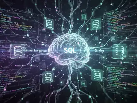 A stylized digital visualization of data flowing through a neural network, representing AI translating natural language to SQL queries. - Foto: über boerse-global.de