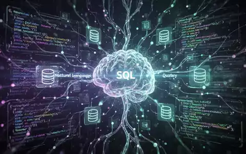 A stylized digital visualization of data flowing through a neural network, representing AI translating natural language to SQL queries. - Foto: über boerse-global.de