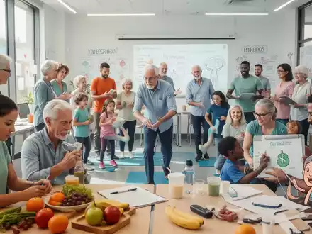 Eine vielfältige Gruppe von Menschen nimmt an einem Gesundheits- und Bildungsworkshop teil, mit Fokus auf Ernährung, Bewegung und Wohlbefinden. - Foto: über boerse-global.de