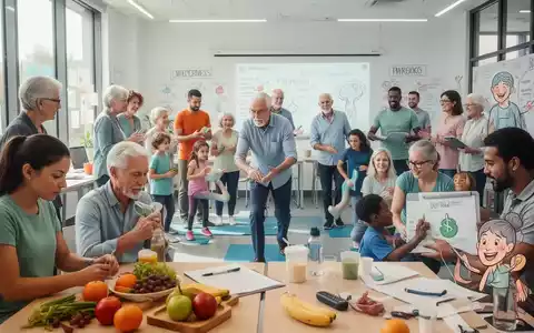 Eine vielfältige Gruppe von Menschen nimmt an einem Gesundheits- und Bildungsworkshop teil, mit Fokus auf Ernährung, Bewegung und Wohlbefinden. - Foto: über boerse-global.de