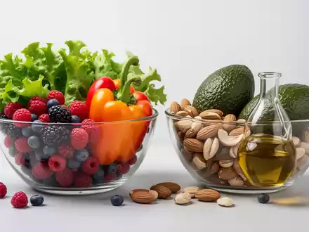 Eine ausgewogene Anordnung von frischem Obst und Gemüse in einer Glasschale neben einer anderen Glasschale mit gesunden Fetten. - Foto: über boerse-global.de