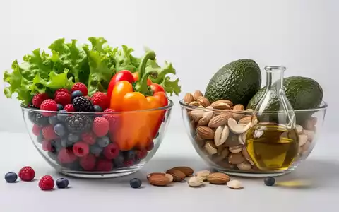 Eine ausgewogene Anordnung von frischem Obst und Gemüse in einer Glasschale neben einer anderen Glasschale mit gesunden Fetten. - Foto: über boerse-global.de