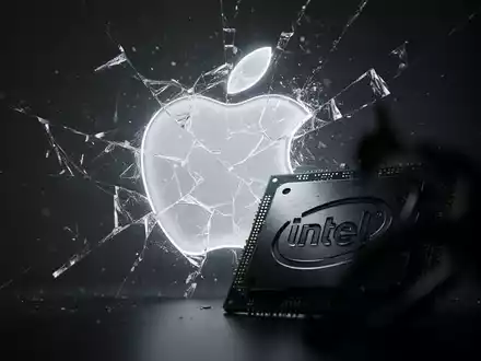 A stylized, glowing Apple logo subtly fractured or fading, with a dark, metallic silhouette of an older Intel chip in the foreground. - Foto: über boerse-global.de