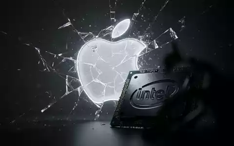 A stylized, glowing Apple logo subtly fractured or fading, with a dark, metallic silhouette of an older Intel chip in the foreground. - Foto: über boerse-global.de
