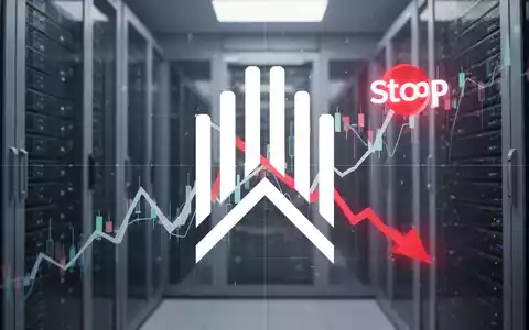 Abstrakte Darstellung eines fallenden Börsenkurses mit einem Stopp-Symbol vor einem verschwommenen Hintergrund von Serverracks. - Foto: über boerse-global.de