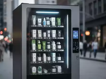 Ein moderner Verkaufsautomat für CBD-Produkte in einer städtischen Umgebung, mit leichter Unschärfe im Hintergrund. - Foto: über boerse-global.de