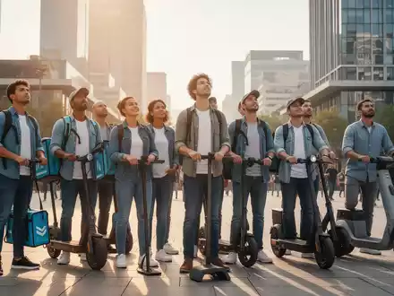 Eine Gruppe von Gig-Workern mit Liefertaschen und Rollern steht vereint auf einem modernen Stadtplatz und blickt zuversichtlich in die Zukunft. - Foto: über boerse-global.de
