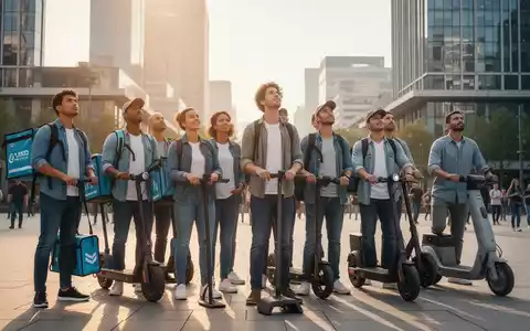 Eine Gruppe von Gig-Workern mit Liefertaschen und Rollern steht vereint auf einem modernen Stadtplatz und blickt zuversichtlich in die Zukunft. - Foto: über boerse-global.de