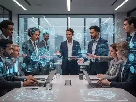 Geschäftsleute arbeiten in einem modernen Büro mit holografischen Schnittstellen, die KI-Daten und digitale Zertifikate anzeigen. - Foto: über boerse-global.de