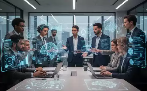 Geschäftsleute arbeiten in einem modernen Büro mit holografischen Schnittstellen, die KI-Daten und digitale Zertifikate anzeigen. - Foto: über boerse-global.de
