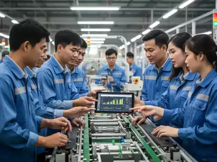Vietnamesische Fabrikarbeiter diskutieren an einer modernen Montagelinie über Produktivitätsdaten auf einem Tablet. - Foto: über boerse-global.de