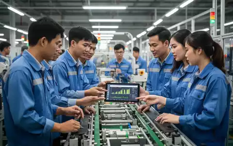 Vietnamesische Fabrikarbeiter diskutieren an einer modernen Montagelinie über Produktivitätsdaten auf einem Tablet. - Foto: über boerse-global.de