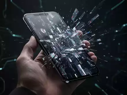A hand holds a smartphone with a glitching screen showing abstract digital patterns, symbolizing software issues and instability. - Foto: über boerse-global.de