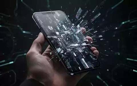 A hand holds a smartphone with a glitching screen showing abstract digital patterns, symbolizing software issues and instability. - Foto: über boerse-global.de
