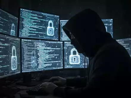 A shadowy, hooded figure works intensely on multiple computer screens displaying code and digital lock icons in a dark environment. - Foto: über boerse-global.de