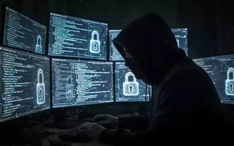 A shadowy, hooded figure works intensely on multiple computer screens displaying code and digital lock icons in a dark environment. - Foto: über boerse-global.de