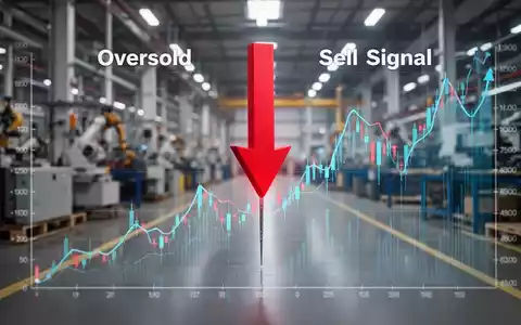 Roter Abwärtspfeil durchbohrt einen Finanzchart, der überverkaufte Bedingungen für eine Industrieaktie darstellt, mit Fabrikhintergrund. - Foto: über boerse-global.de