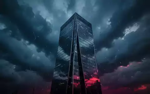 Ein moderner Wolkenkratzer unter einem turbulenten, dunklen Himmel mit rötlichen Reflexen, der Unsicherheit andeutet. - Foto: über boerse-global.de