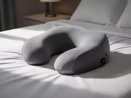 Ein modernes, ergonomisch geformtes Nackenstützkissen liegt auf einem sauberen weißen Bettlaken in einem ruhigen Schlafzimmer. - Foto: über boerse-global.de