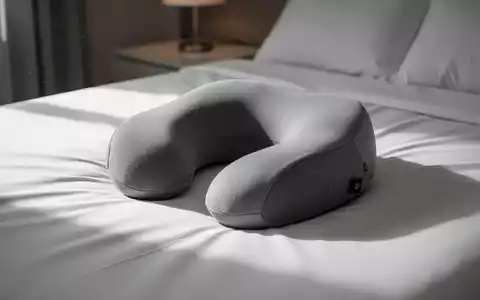Ein modernes, ergonomisch geformtes Nackenstützkissen liegt auf einem sauberen weißen Bettlaken in einem ruhigen Schlafzimmer. - Foto: über boerse-global.de